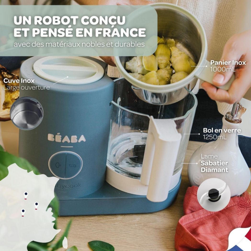 BÉABA, Babycook Néo, Mixeur et Cuiseur Vapeur 6 en 1, Robot Cuiseur Bébé Fabriqué en France, Bol en Verre, Cuve en Inox, Grande Capacité, Diversification des Aliments, Petits Pots Bébé Maison, Rapide, Eucalyptus