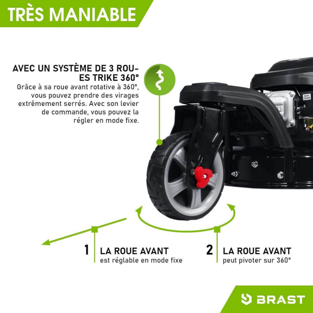 Tondeuse thermique 3 roues BRAST TRIKE E-START 224cc 53cm autotractée démarrage électrique mulching 4en1 capot tôle acier 60l - moteur 4 temps de la marque française GT réglable