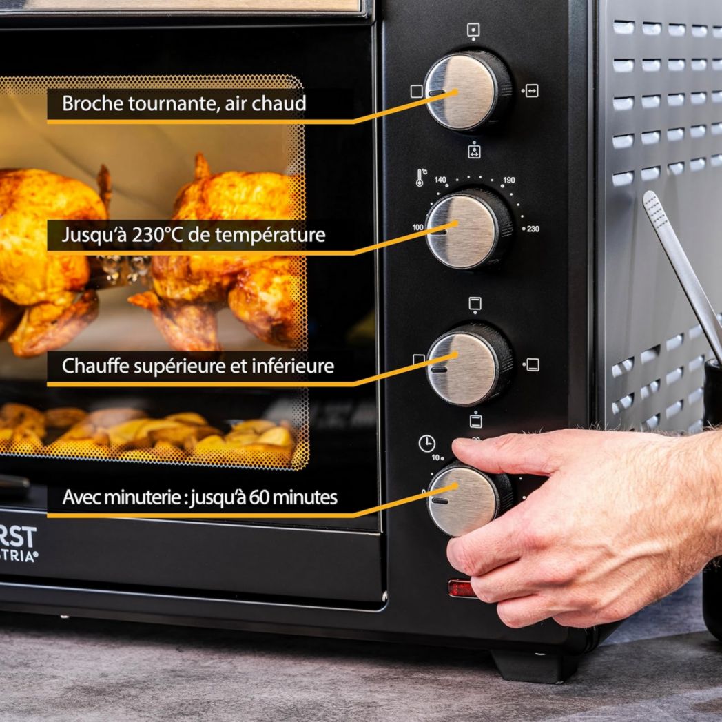 Mini four TZS First Austria 60 l I 2000 WI Convection + Rôtissoire I 4 éléments chauffants I Plage de température jusqu'à 230 °C Minuterie de 60 min I Acier inoxydable I Noir