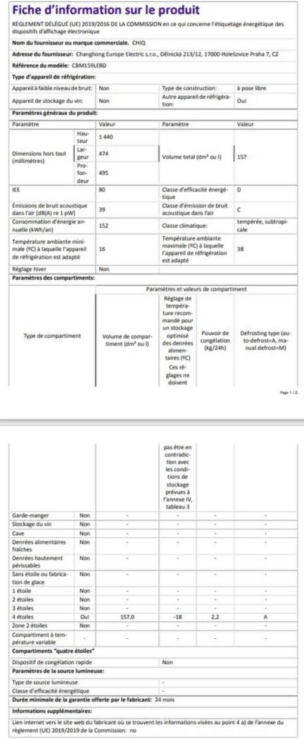 Réfrigérateur congélateur inférieur CHIQ CBM159LEBD 157 litres (109 + 48) Low Frost, faible bruit, refroidissement rapide, faible encombrement
