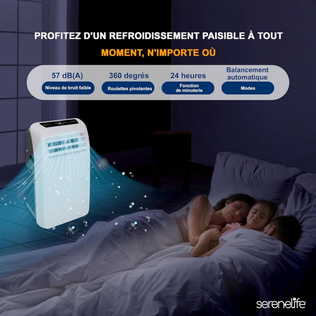 Climatiseur portatif silencieux SereneLife, 9 000 BTU, 3 en 1, avec déshumidificateur intégré, mode ventilateur, télécommande, kit d'extraction complet pour fenêtre, blanc