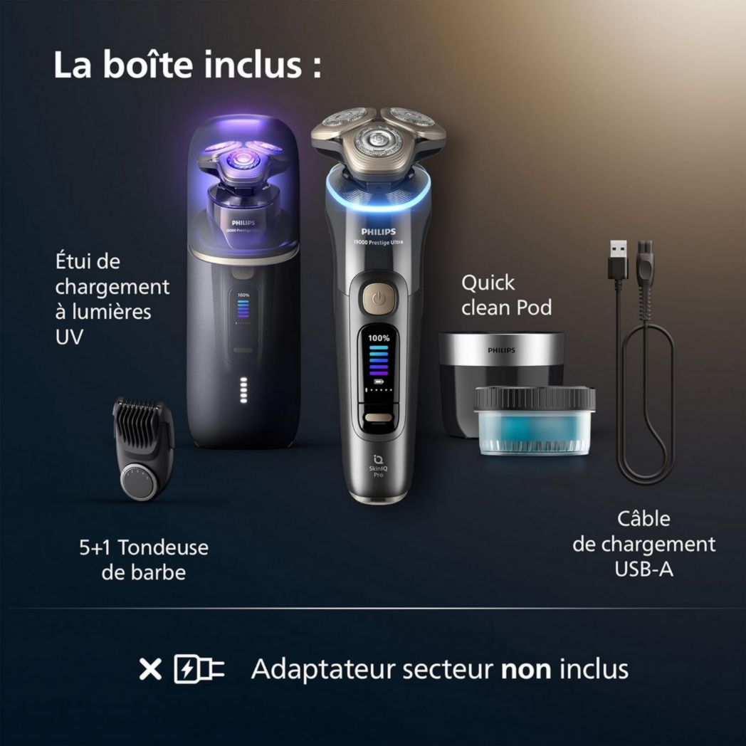 Rasoir Philips i9000 Prestige Ultra, rasoir électrique 100 % étanche, technologie Skin IQ Pro, système Triple Lift & Cut, lames de précision NanoTech rotatives à 360°, 5 modes de rasage, XP9401/38