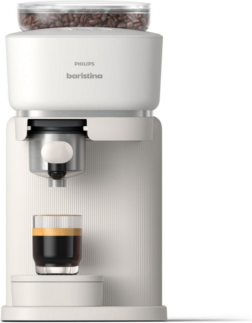 Machine à expresso Philips Baristina - Un véritable expresso, en toute simplicité - Compacte - 16 bars de pression - Broyeur intégré - Machine blanche avec porte-filtre blanc (BAR300/00)