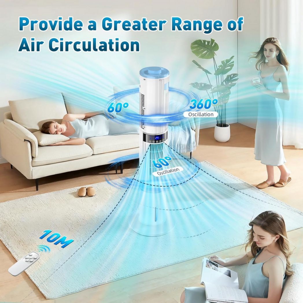 Climatiseur portable silencieux avec humidificateur, ventilateur, 2 sorties d'air, oscillation à 360°, 65 W, minuterie 24 h, 3 vitesses, 4 modes, télécommande pour chambre ou bureau