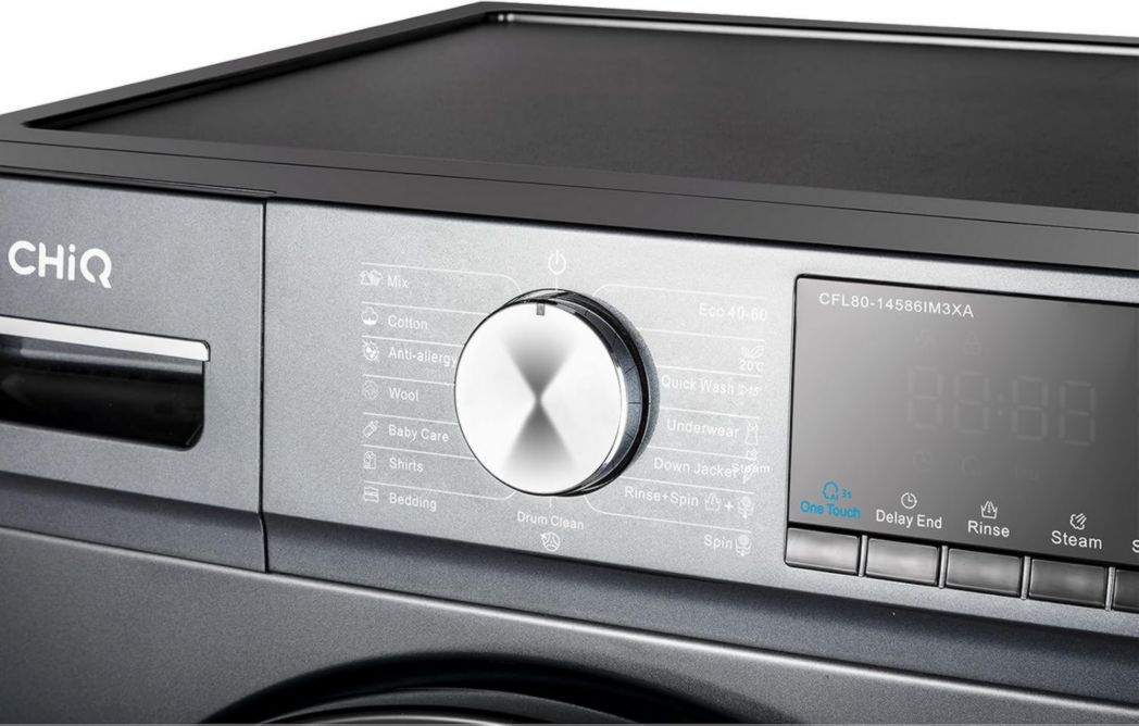 Lave-linge CHIQ CFL80-14586IM3XA, chargement frontal, 8 kg, Space Pro, moteur Inverter stable, 1400 tr/min, programme Smart AI, fonction vapeur, lavage rapide 15 minutes, 15 cycles de lavage, gris