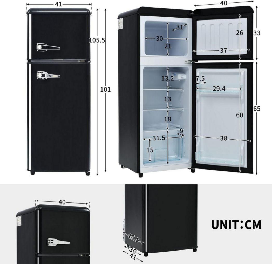 Réfrigérateur rétro Sweiko, congélateur vertical, éclairage LED, combiné réfrigérateur-congélateur, deux portes, volume total de 92 litres avec capacité de congélation de 28 litres (rouge)