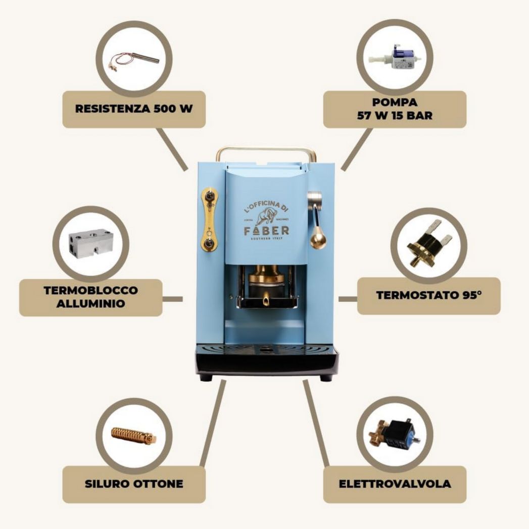 Machines à café Faber | Modèle Pro Total Inox Deluxe | Machine à café à dosettes 44 mm | Pressostat réglable en laiton | Électrovanne standard (laiton)