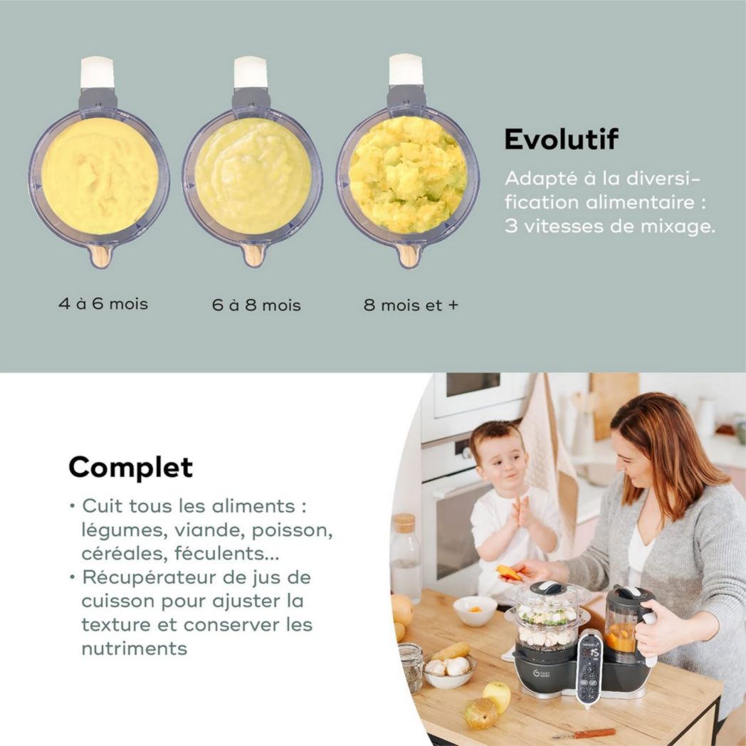 Babymoov Nutribaby(+), Robot cuiseur multifonction 6 en 1 pour bébé, cuiseur vapeur, grande capacité 2,2 L, petits pots maison, idéal pour diversifier les repas, vert opale