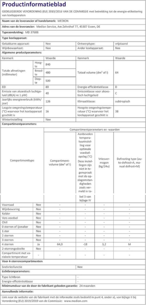 Congélateur MEDION (64 litres, hauteur 85 cm, 3 tiroirs transparents, charnière de porte réversible, MD37688)