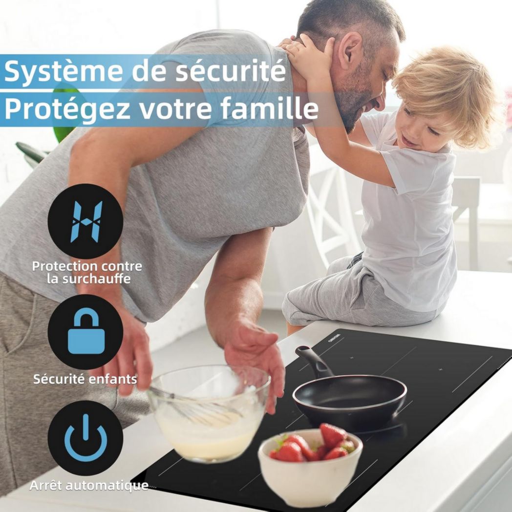 Plaque de cuisson vitrocéramique encastrable 4 feux, WEHIMO 6000W - 59cm - Minuterie, 9 niveaux de puissance, commande tactile, sécurité enfant...