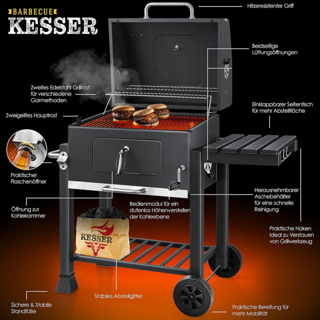 Chariot barbecue KESSER® | Barbecue à charbon XL avec couvercle, roulettes, poignée en acier inoxydable, grille et thermomètre | Grand barbecue à charbon