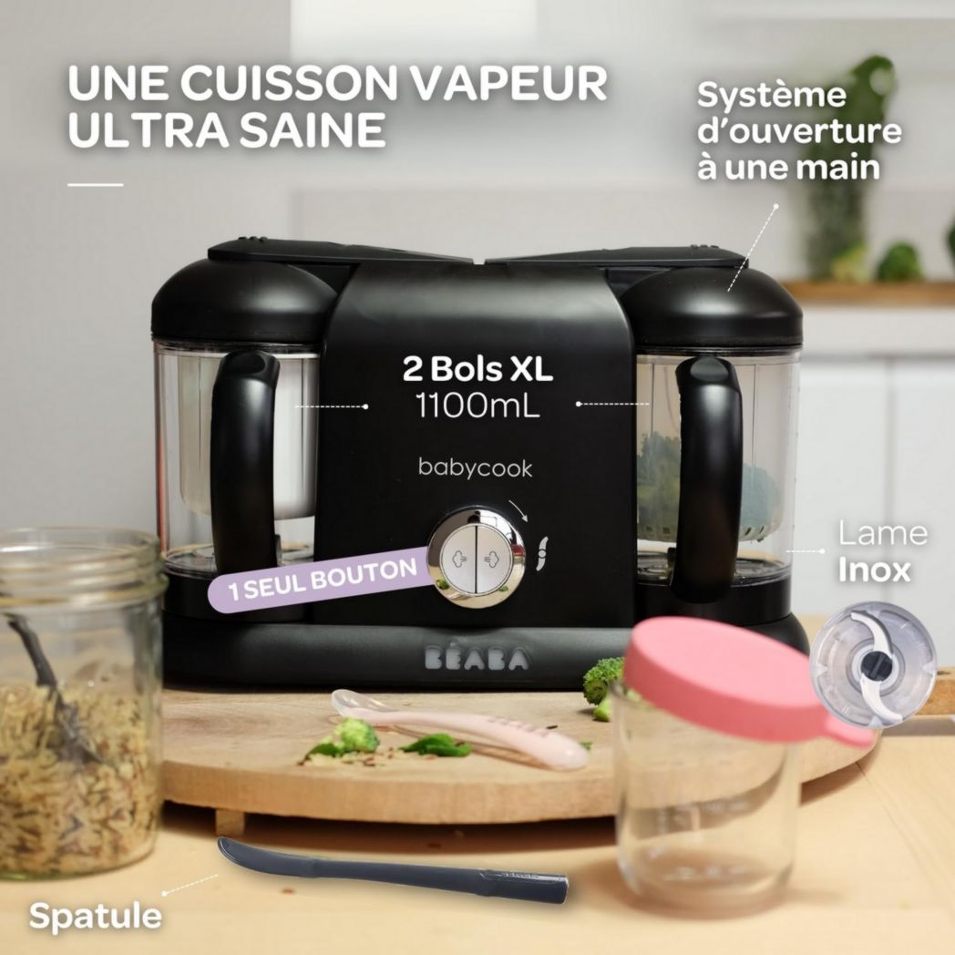 BÉABA, Robot Cuiseur Bébé 4 en 1 Babycook Duo, Mixeur-Cuiseur, Cuisson Vapeur Rapide 15 minutes, Diversification des Aliments, Petits Pots Bébé Maison, Capacité XXL 2200 ml, Noir