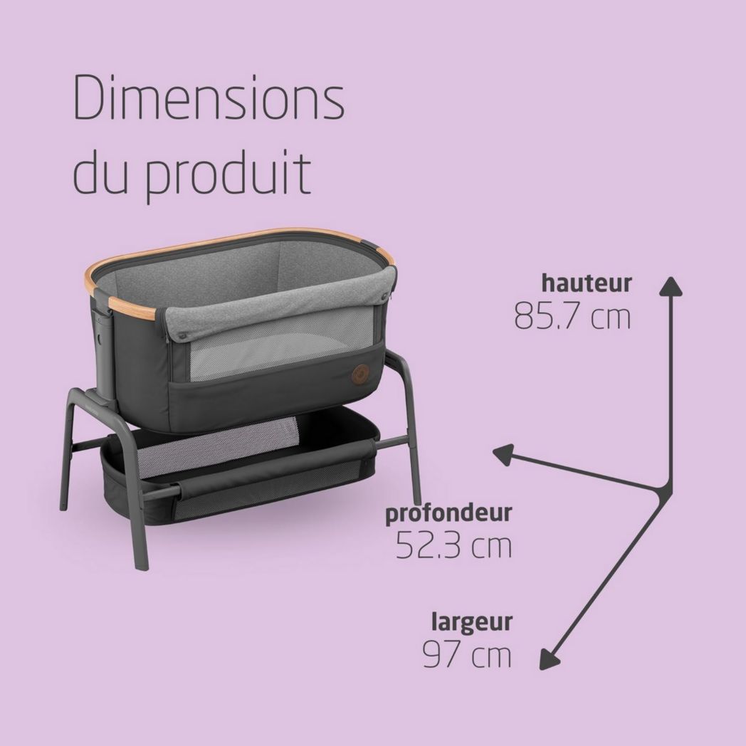 Lit cododo Maxi-Cosi Iora, lit cododo pliable pour bébé, 0-6 mois, 9 kg max, 4 positions d'inclinaison et 5 hauteurs, système coulissant, matelas confort, grand panier, facile à transporter, Essential Graphite