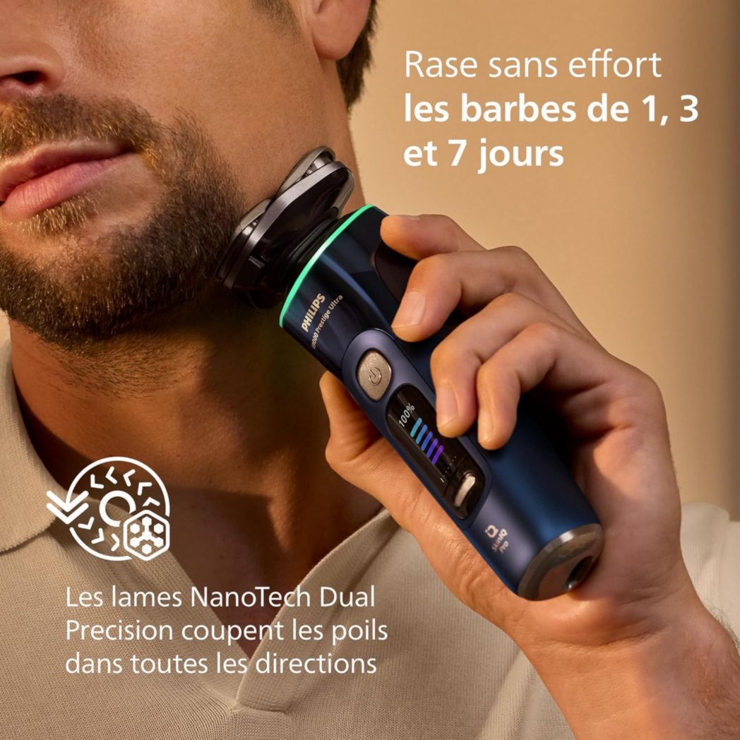 Rasoir Philips i9000 Prestige Ultra, rasoir électrique 100 % étanche, technologie Skin IQ Pro, système Triple Lift & Cut, lames de précision NanoTech rotatives à 360°, 5 modes de rasage, XP9401/38
