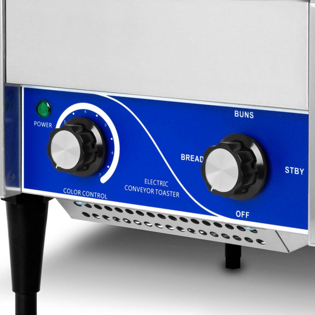 Grille-pain convoyeur professionnel VERTES en acier inoxydable (1940 W, 230 V, pour pains grillés et hamburgers, 1 rampe d'insertion, 2 rampes de sortie, 7 niveaux de vitesse, plateau ramasse-miettes)