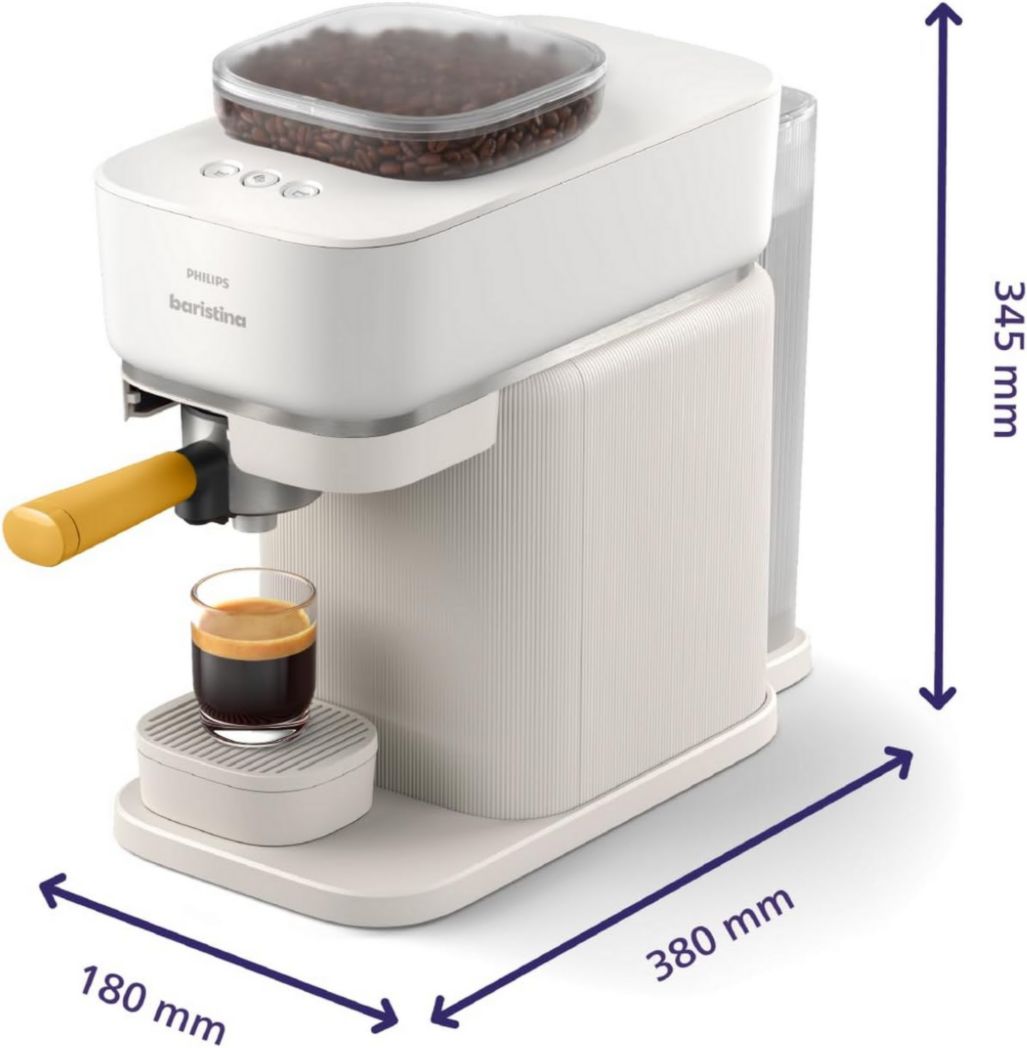 Machine à expresso Philips Baristina - Un véritable expresso, en toute simplicité - Compacte - 16 bars de pression - Broyeur intégré - Machine blanche avec porte-filtre blanc (BAR300/00)