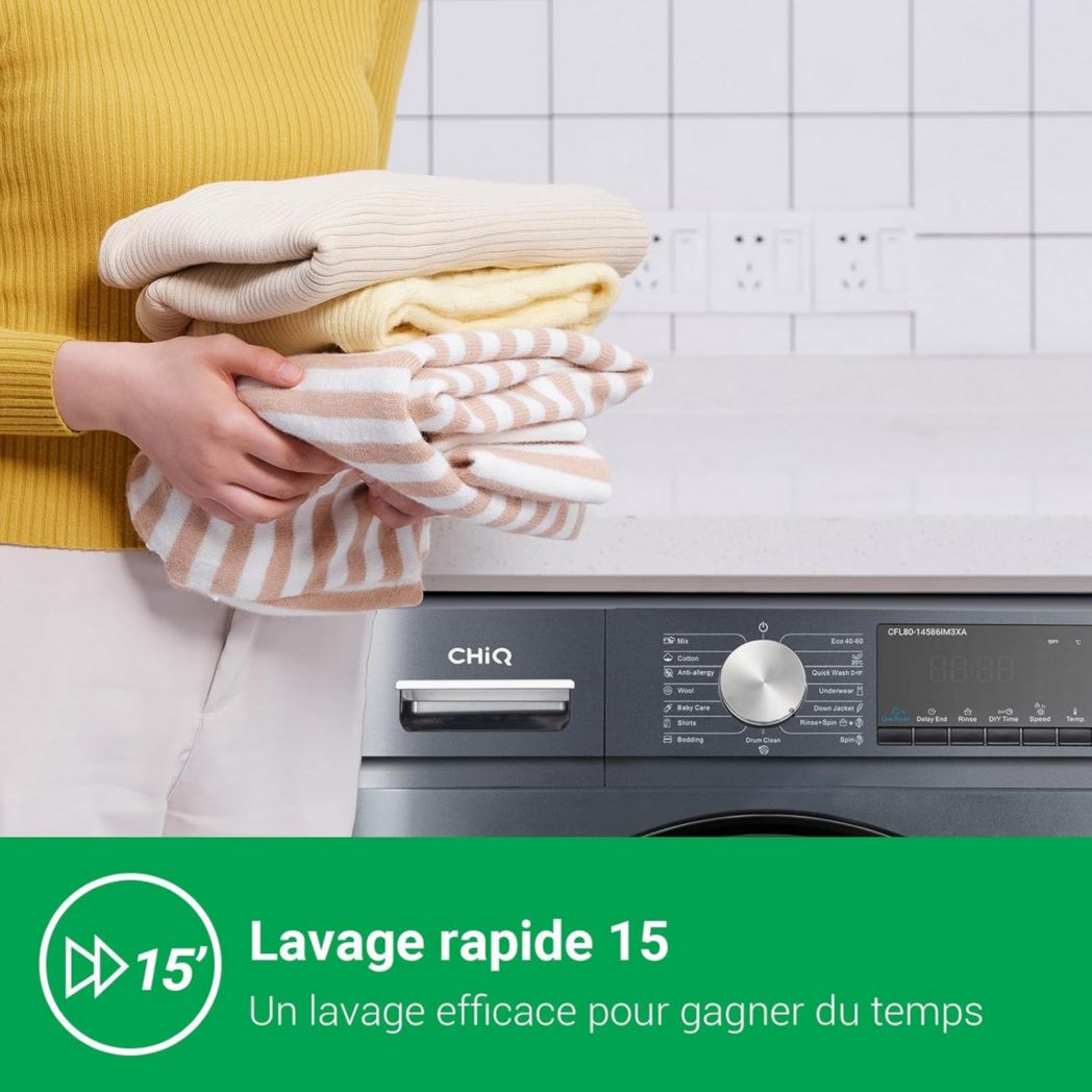 Lave-linge CHIQ CFL80-14586IM3XA, chargement frontal, 8 kg, Space Pro, moteur Inverter stable, 1400 tr/min, programme Smart AI, fonction vapeur, lavage rapide 15 minutes, 15 cycles de lavage, gris