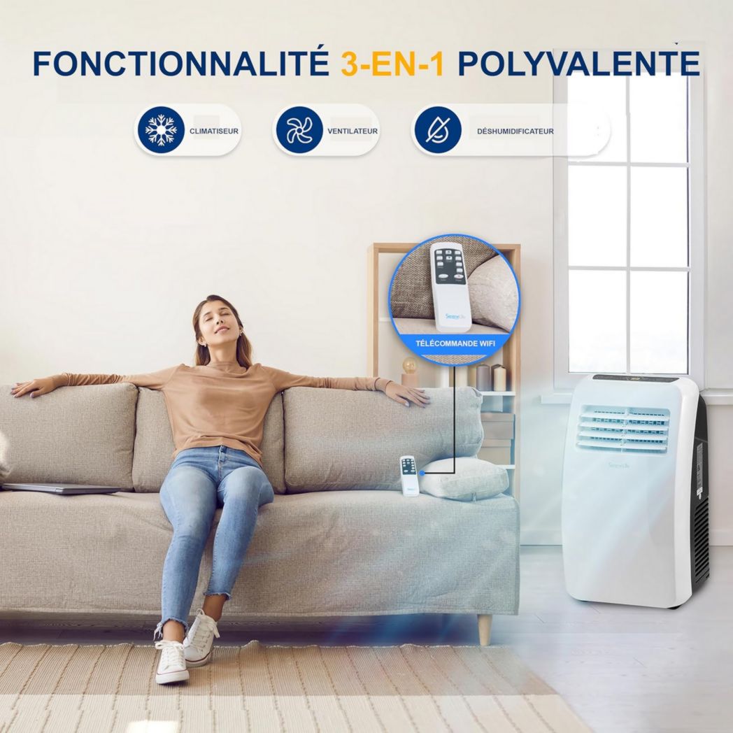 Climatiseur portatif silencieux SereneLife, 9 000 BTU, 3 en 1, avec déshumidificateur intégré, mode ventilateur, télécommande, kit d'extraction complet pour fenêtre, blanc