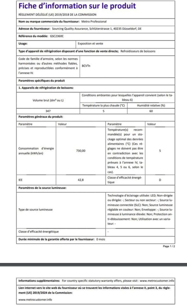 Réfrigérateur à boissons professionnel METRO GSC2360B, acier/verre, 62 x 63,6 x 175,3 cm, 347 L, avec serrure, noir