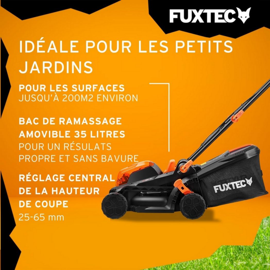 Tondeuse à gazon poussée FUXTEC FX-E1RM20 40 V (2 x 20 V) – Kit avec 2 batteries 2 Ah et chargeur double 2,4 A