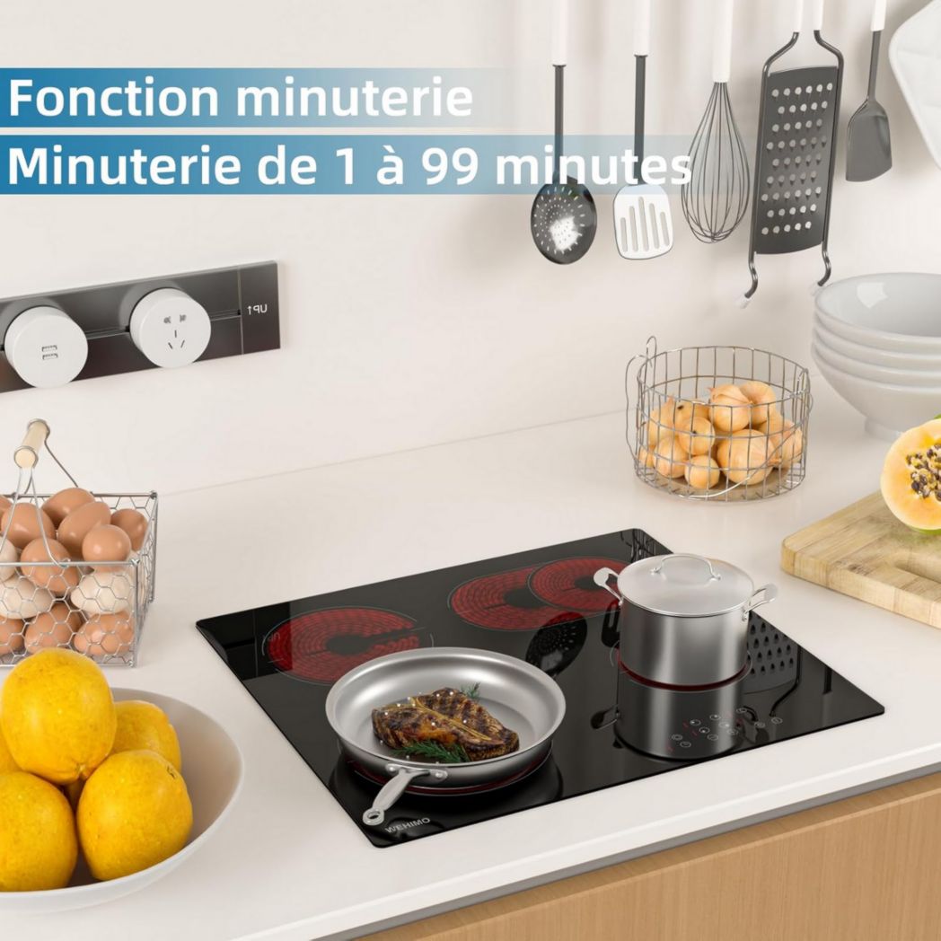Plaque de cuisson vitrocéramique encastrable 4 feux, WEHIMO 6000W - 59cm - Minuterie, 9 niveaux de puissance, commande tactile, sécurité enfant...