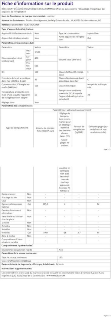 Réfrigérateur Comfee' RCB169DK2(E) avec congélateur / Hauteur 150 cm / Low Frost / Température de réfrigérateur réglable / Éclairage LED / 195 kWh/an / Réfrigérateur 115 L / Congélateur 59 L / Noir