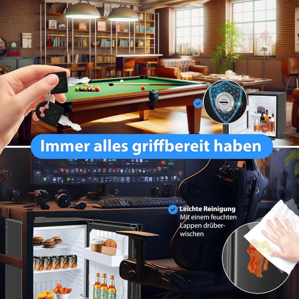 Mini-réfrigérateur KESSER® avec serrure, mini-bar 40 l, silencieux, 22 dB, verrouillable, chambre, butée de porte amovible, environ 4 à 16 °C, hauteur 57 cm, éclairage intérieur