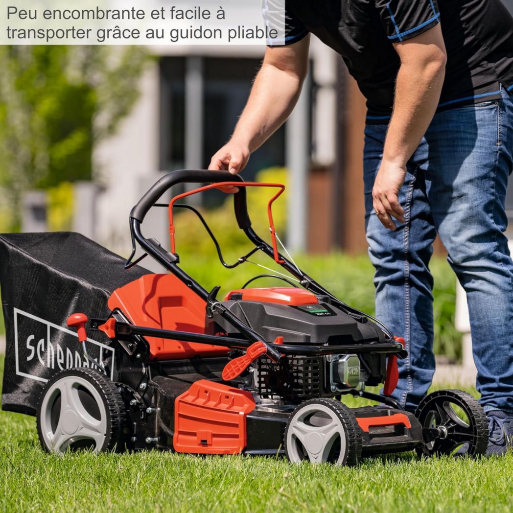 Tondeuse thermique autotractée Scheppach MS225-53 - Moteur 6 CV / 4,4 KW - Largeur de coupe 53 cm - Hauteur de coupe réglable - Panier 65 l - Fonctions mulching et nettoyage - Éjection latérale