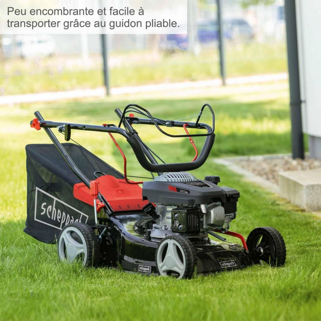 Tondeuse à gazon thermique Scheppach MS150-42 | Autotractée - 3,7 CV | Largeur de coupe 42 cm | Système de nettoyage à connexion rapide | Panier de 45 L | Hauteur - 7 niveaux | Lame supplémentaire et huile incluses