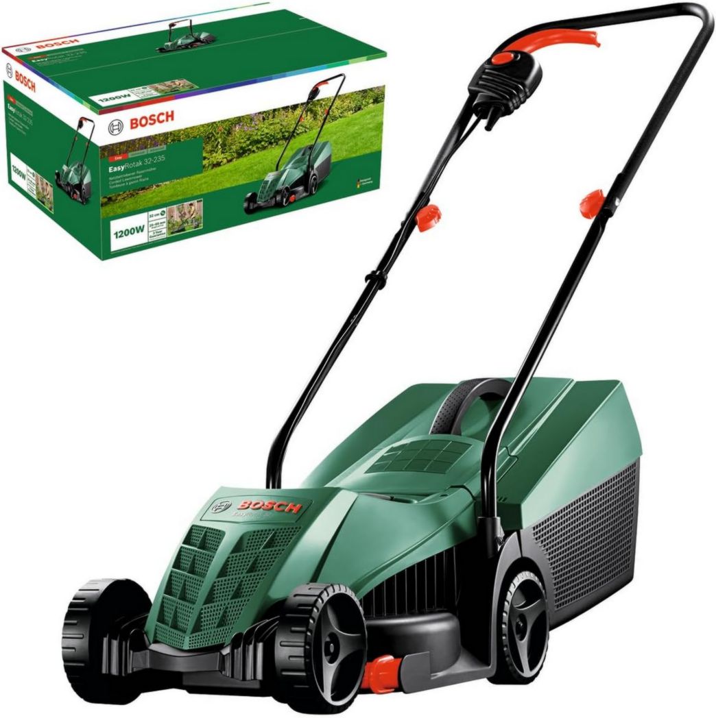 Tondeuse à gazon filaire Bosch EasyRotak 32-235 (moteur 1200 W, largeur de coupe 32 cm, bac de ramassage 31 L, pour petits jardins)