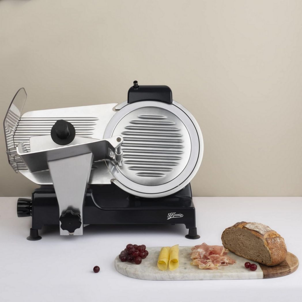 Trancheuse à viande électrique H.Koenig MSX254, Charcuterie, Professionnelle, Précise, Coupe 0-12 mm, Lame 25 cm, Aiguiseur intégré, Grand plateau, 282 tr/min, Rouge