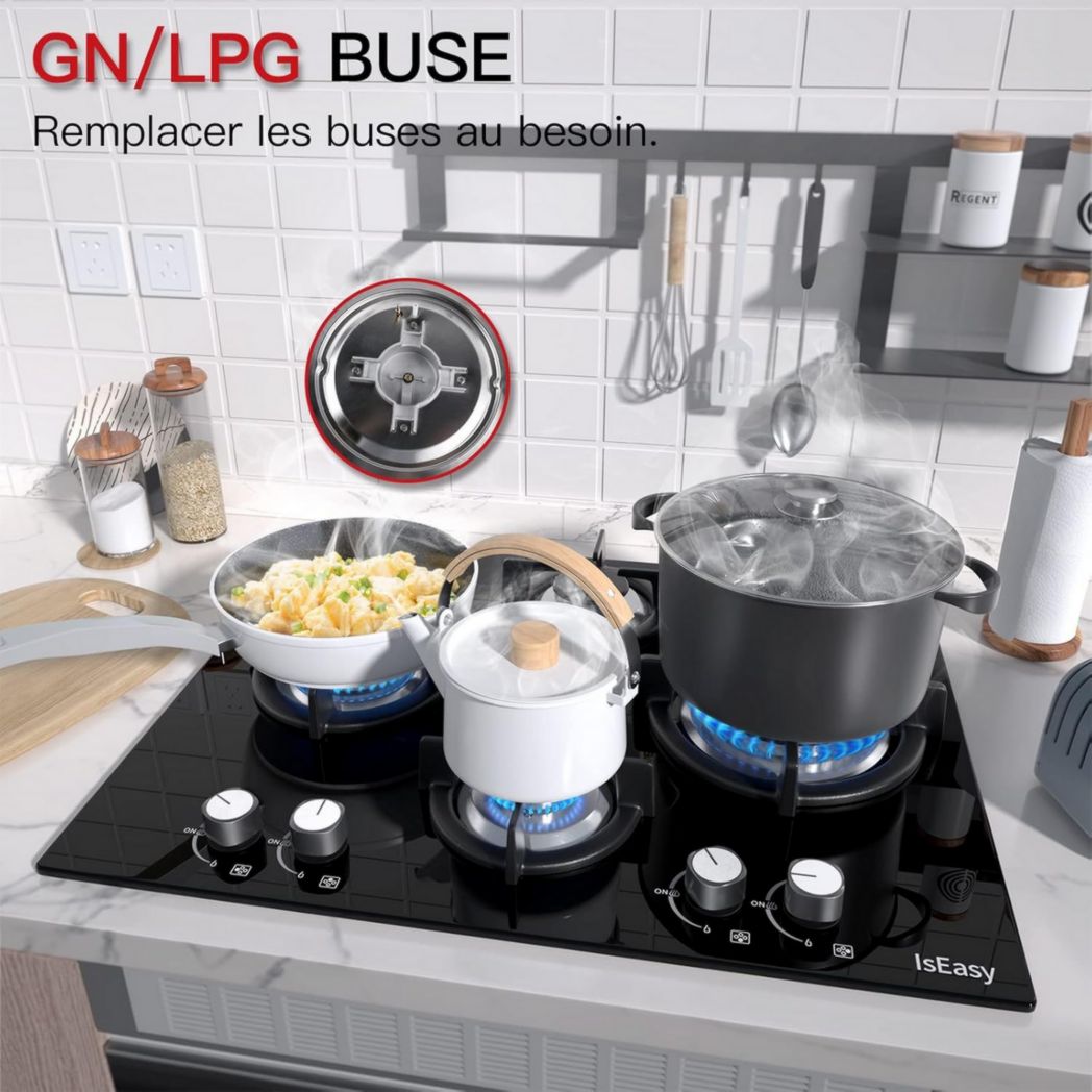 Plaque de cuisson à gaz 4 feux, plaque de cuisson 60 cm - Cuisinière encastrable - Gaz de ville et gaz en bouteille (4 feux - Verre)