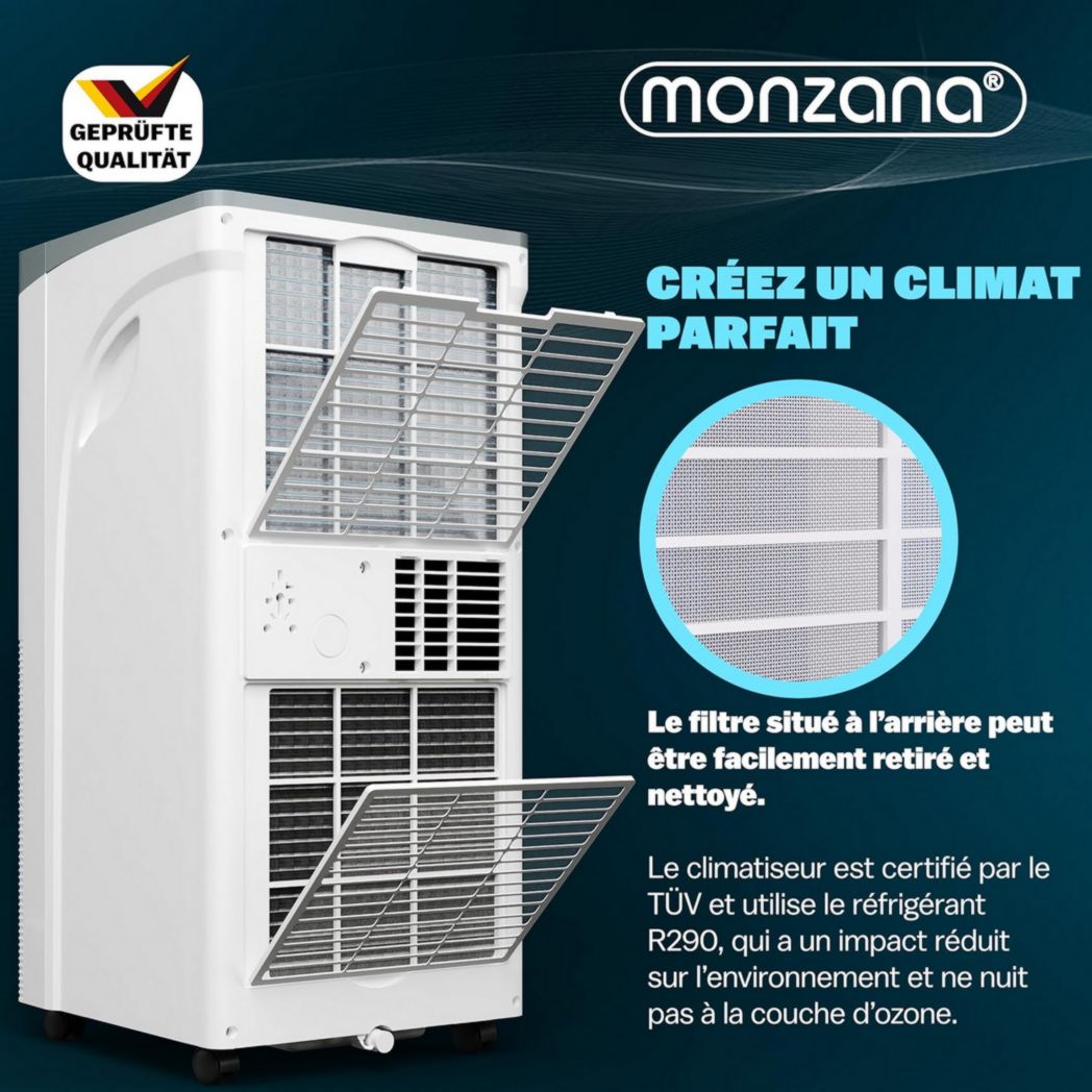 Climatiseur portable 4 en 1 Monzana® MZKA1000, refroidisseur d'air, 9 000 BTU/h, déshumidificateur, ventilateur, application Wi-Fi Alexa