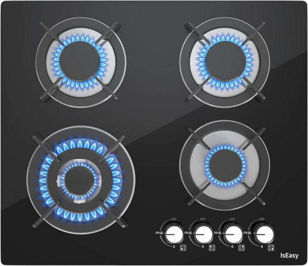 Plaque de cuisson à gaz 4 feux, plaque de cuisson 60 cm - Cuisinière encastrable - Gaz de ville et gaz en bouteille (4 feux - Verre)