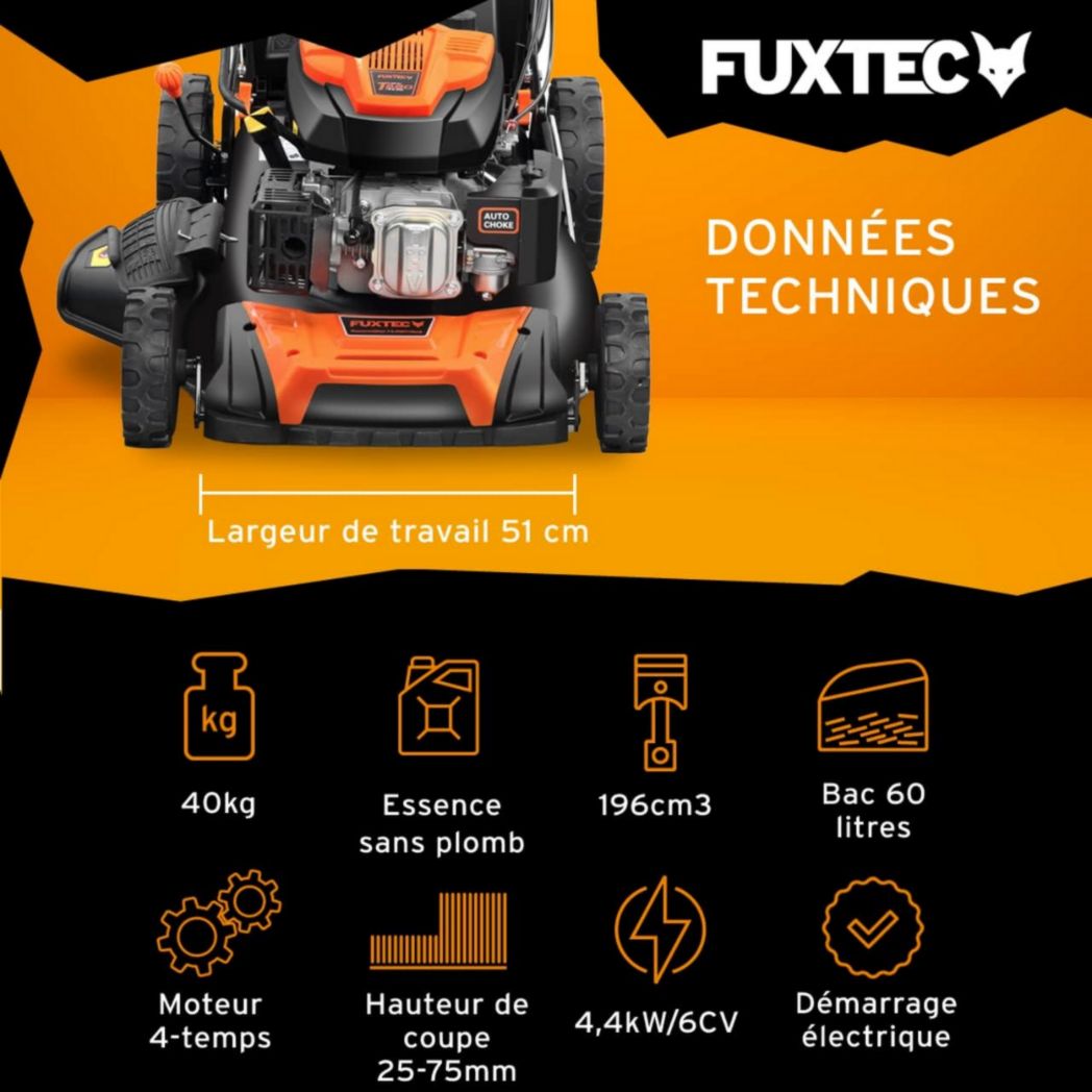 Tondeuse thermique autotractée FUXTEC FX-RM5170eS, démarrage électrique, 4 po 1, 170 cm³, 4 CV | 4 temps | Largeur 51 cm, hauteur de coupe 7 positions, bac de ramassage 60 L, fonction mulching, éjection latérale