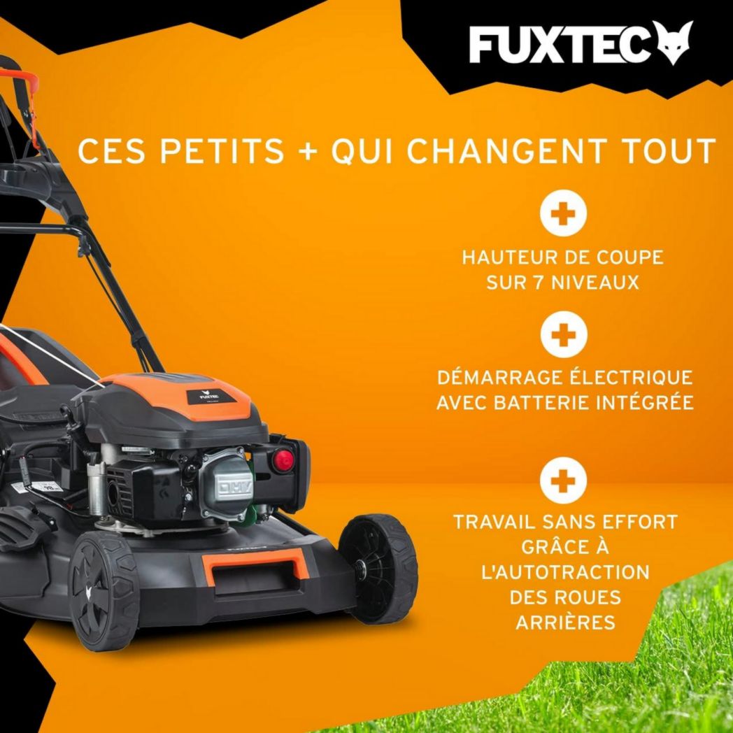 Tondeuse thermique autotractée FUXTEC FX-RM5170eS, démarrage électrique, 4 po 1, 170 cm³, 4 CV | 4 temps | Largeur 51 cm, hauteur de coupe 7 positions, bac de ramassage 60 L, fonction mulching, éjection latérale