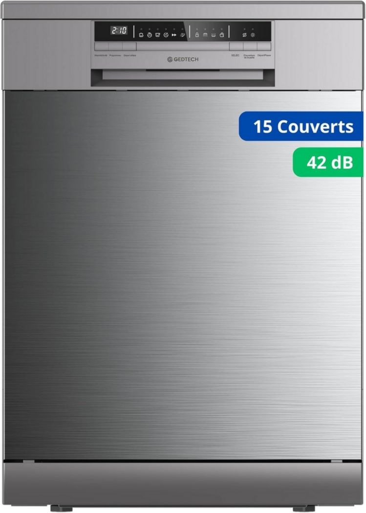 Lave-vaisselle GEDTECH GLV1542DX 15 ch - Tiroir à couverts - 42 dB - Ultra silencieux - Départ différé - Éco - Intensif - Rapide - Faible consommation - Classe C - Inox foncé - Protection enfant