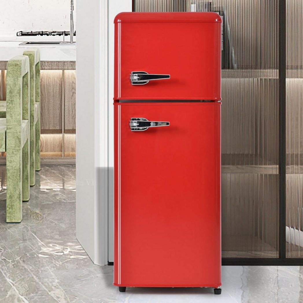 Réfrigérateur rétro Sweiko, congélateur vertical, éclairage LED, combiné réfrigérateur-congélateur, deux portes, volume total de 92 litres avec capacité de congélation de 28 litres (rouge)
