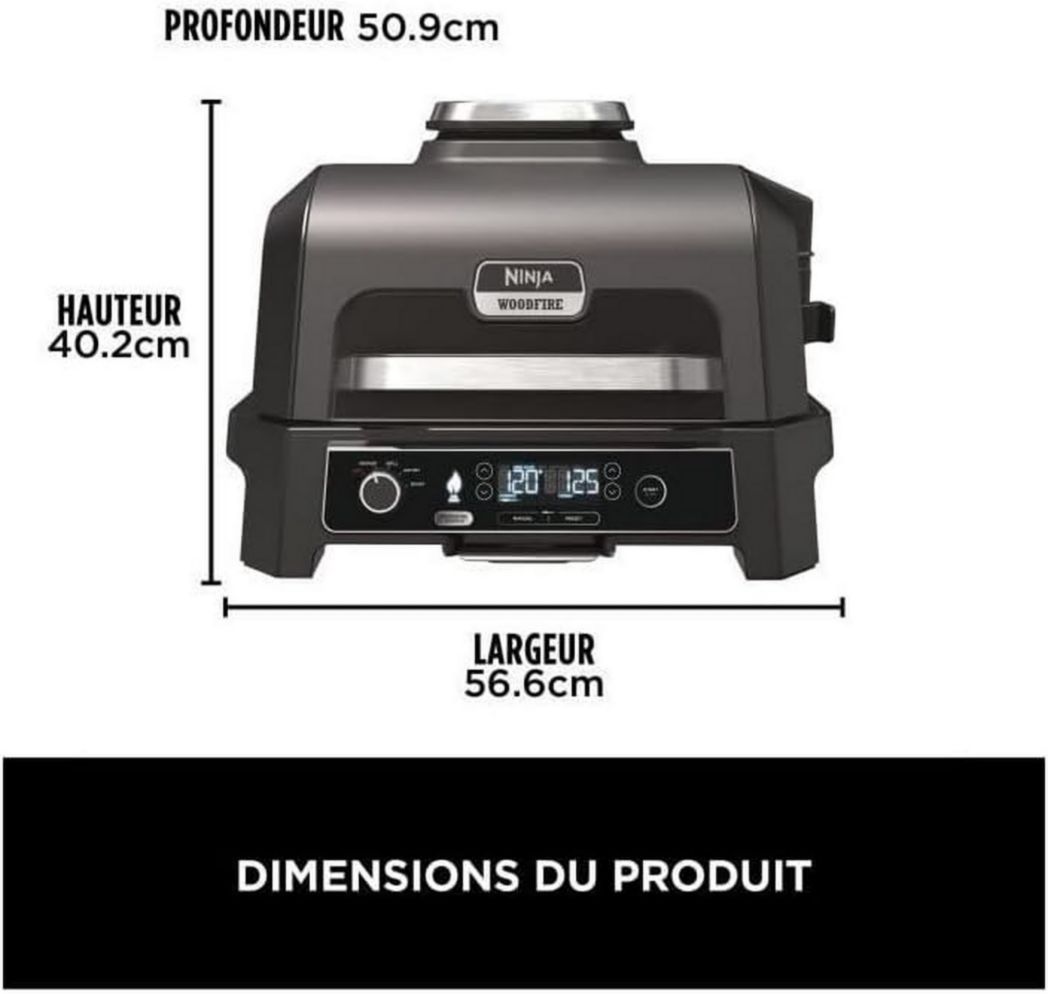 Barbecue et fumoir électrique Ninja Woodfire Pro XL avec thermomètre, barbecue d'extérieur 4 en 1 et friteuse à air avec système de cuisson intelligent et granulés de bois, portable, gris/noir, OG850EU