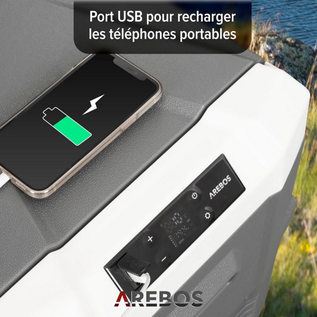 Glacière à compresseur Arebos 26 L | Glacière électrique avec application et contrôle intelligent | Réfrigérateur mobile avec port USB | Jusqu'à -20 °C | 12/24 V 230 V | Pour voiture, camion, camping