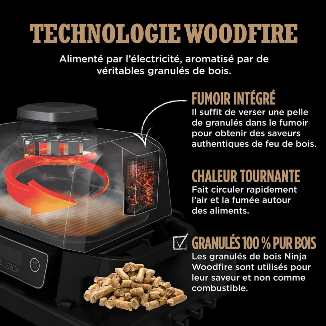 Barbecue et fumoir électrique Ninja Woodfire Pro XL avec thermomètre, barbecue d'extérieur 4 en 1 et friteuse à air avec système de cuisson intelligent et granulés de bois, portable, gris/noir, OG850EU