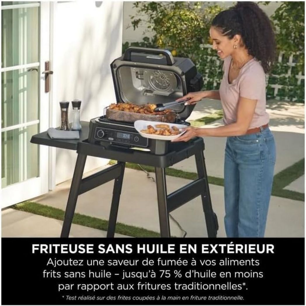 Barbecue et fumoir électrique Ninja Woodfire Pro XL avec thermomètre, barbecue d'extérieur 4 en 1 et friteuse à air avec système de cuisson intelligent et granulés de bois, portable, gris/noir, OG850EU