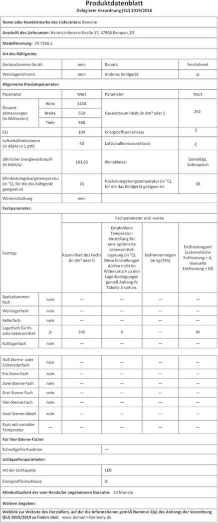 Réfrigérateur Bomann 242L blanc VS7316-1-blanc, Capacité nette : 242 litres, Éclairage intérieur LED, Contrôle continu de la température, 5 clayettes en verre