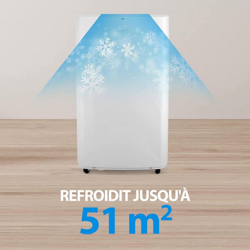 Climatiseur portatif silencieux SereneLife, 9 000 BTU, 3 en 1, avec déshumidificateur intégré, mode ventilateur, télécommande, kit d'extraction complet pour fenêtre, blanc