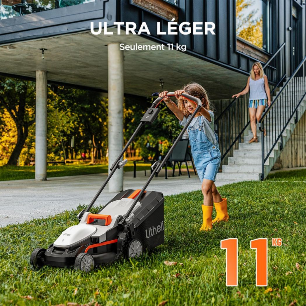 Tondeuse à gazon sans fil Litheli 33 cm, 1 batterie 20 V 4 Ah, hauteur réglable 25-65 mm, bac de ramassage 30 L, pour pelouses jusqu'à 200 m² (jardins et petits espaces)