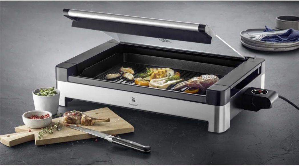 Barbecue électrique de table WMF Lono, acier inoxydable mat, avec couvercle en verre, 2 200 W, plaque de cuisson revêtue