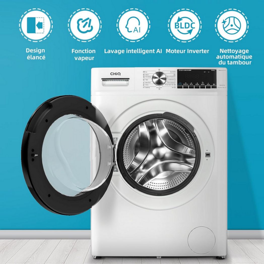 Lave-linge CHIQ CFL80-14586IM3XA, chargement frontal, 8 kg, Space Pro, moteur Inverter stable, 1400 tr/min, programme Smart AI, fonction vapeur, lavage rapide 15 minutes, 15 cycles de lavage, gris