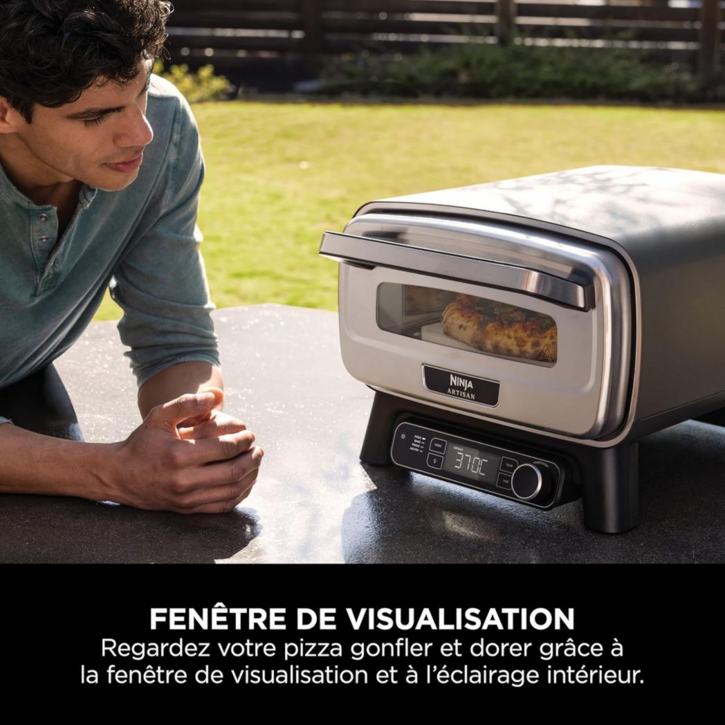Four à pizza électrique d'extérieur Ninja Woodfire 8 en 1, rôtissoire et fumoir barbecue avec grille, plaque Pro-Heat, pierre à pizza, granulés de bois et pelle, 6 réglages, orange foncé OO101EU