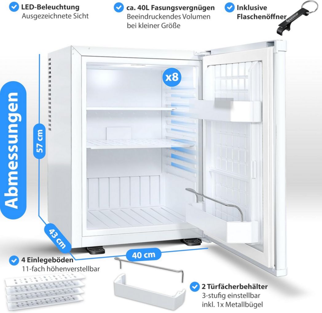 Mini-réfrigérateur KESSER® avec serrure, mini-bar 40 l, silencieux, 22 dB, verrouillable, chambre, butée de porte amovible, environ 4 à 16 °C, hauteur 57 cm, éclairage intérieur