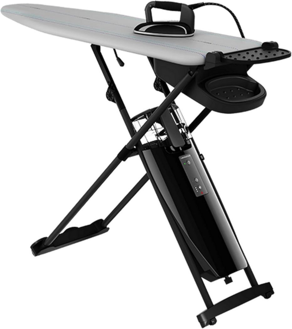 Système de repassage Laurastar Smart M avec centrale vapeur professionnelle et table active, vapeur hygiénique, semelle 3D, vapeur pulsée, température unique, roulettes, réservoir amovible